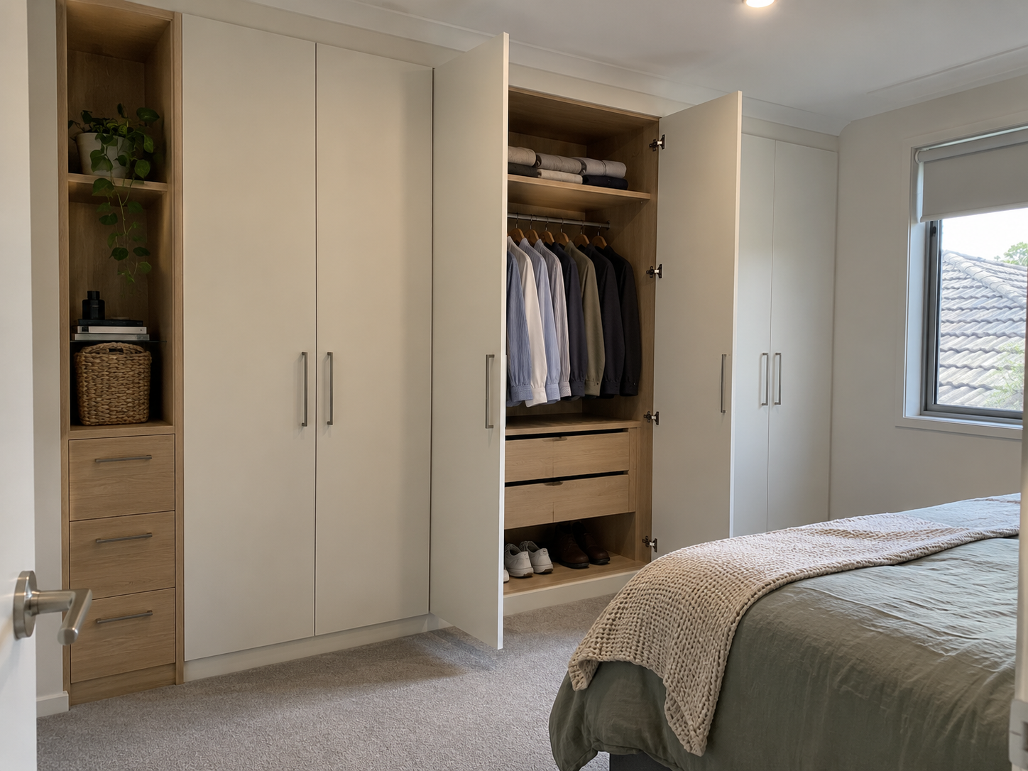 Wardrobe concept with warm white doors, oak drawers and open hanging storage
